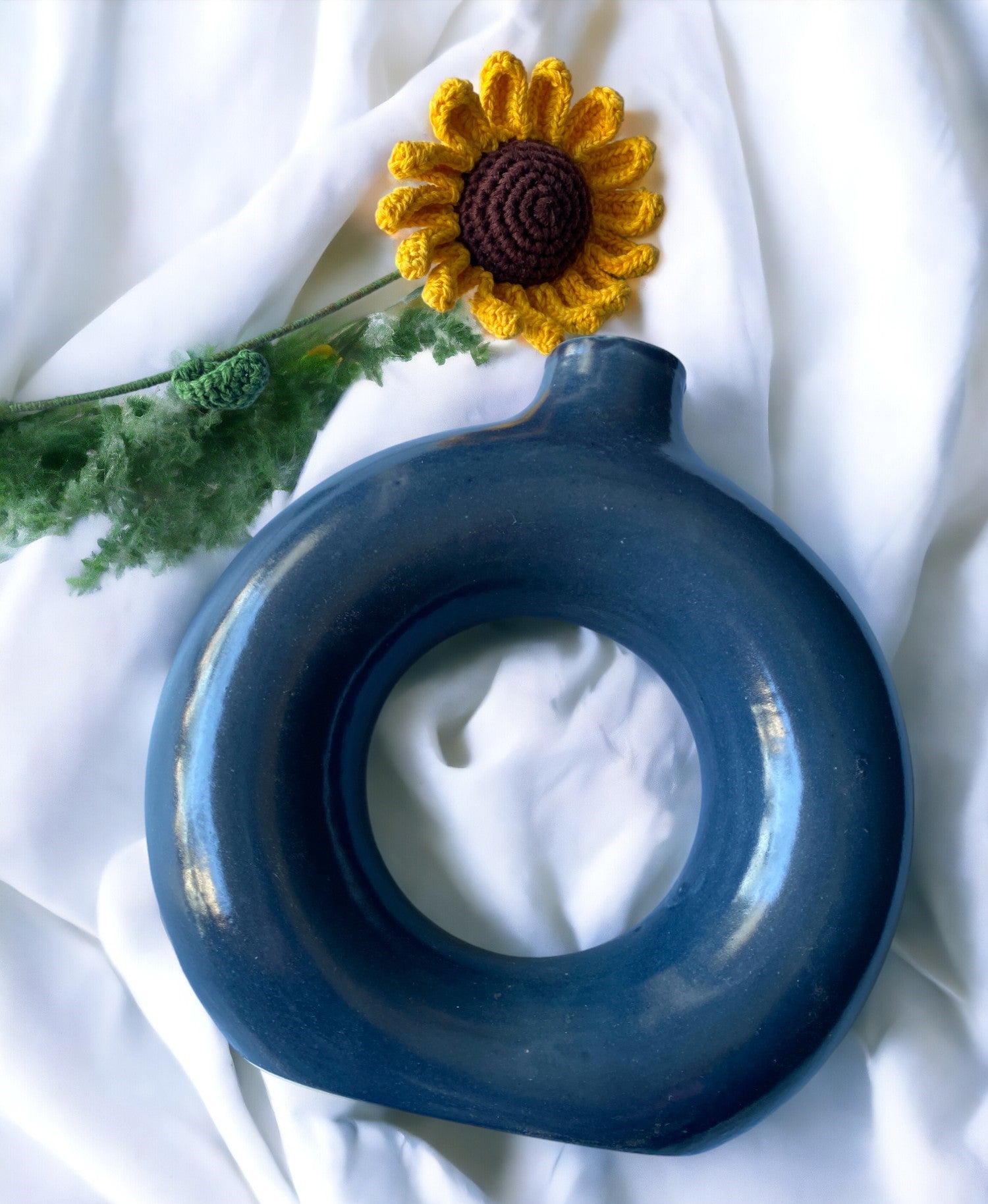 Blue Ceramic Donut Flower Vase