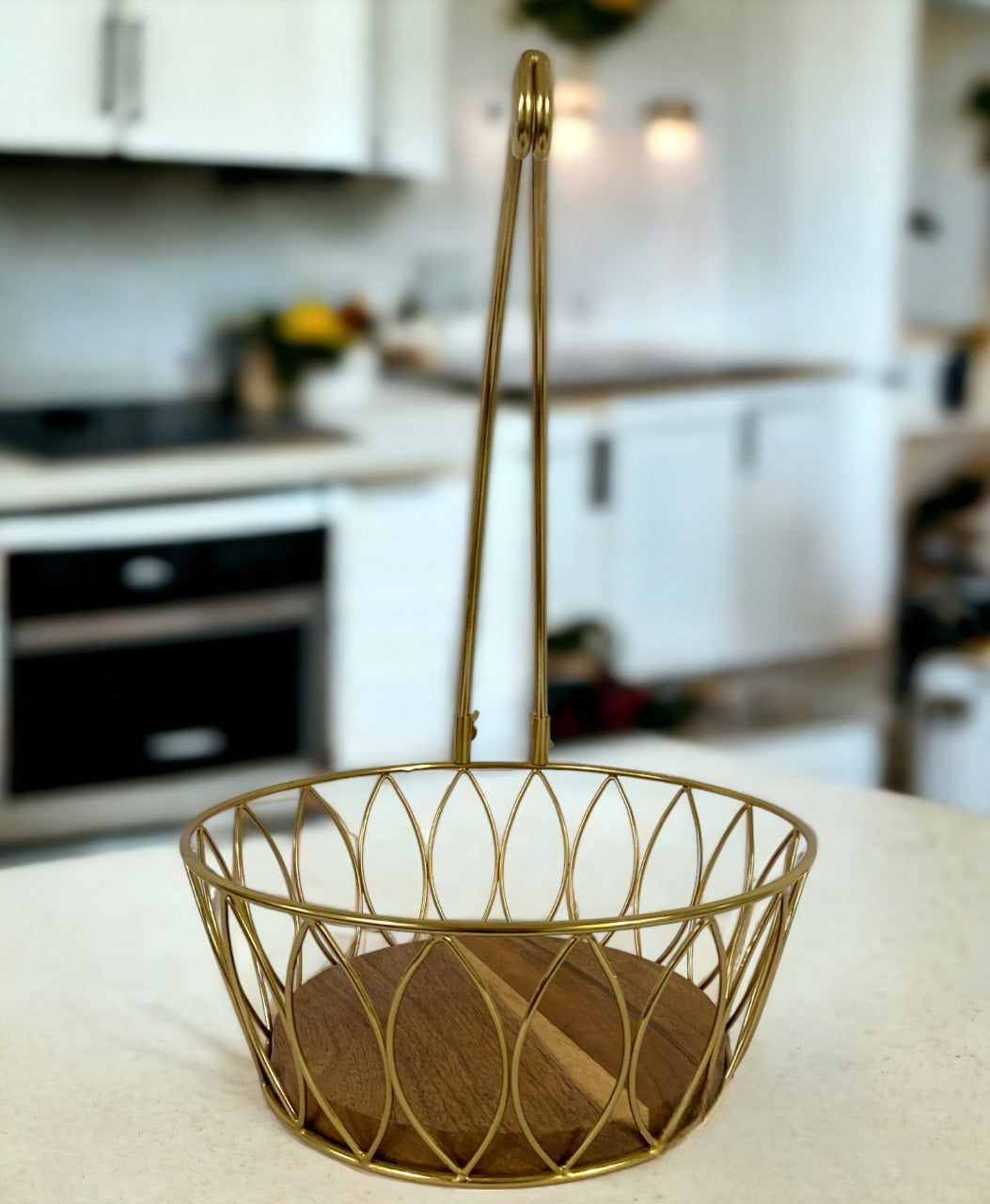 Fruit and Vegetable Metal Basket with wooden base and Banana Tree Hanger