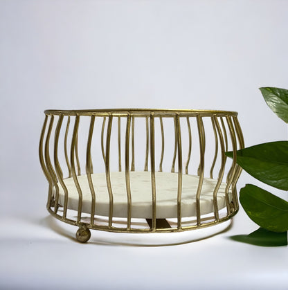 Golden Metal Round Basket with Marble Base