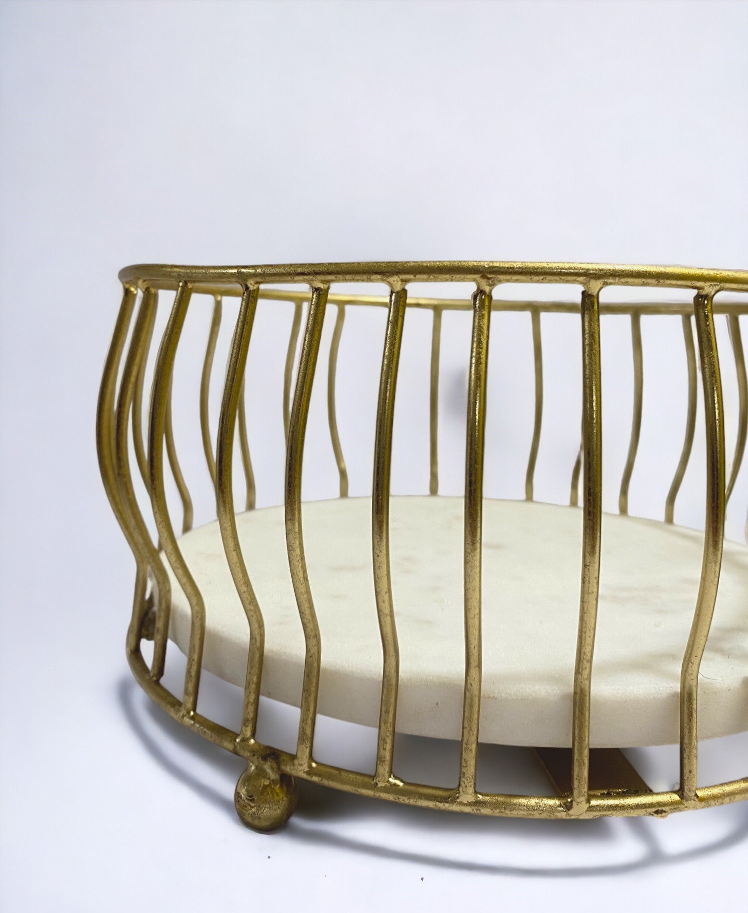 Golden Metal Round Basket with Marble Base