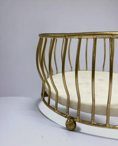 Golden Metal Round Basket with Marble Base