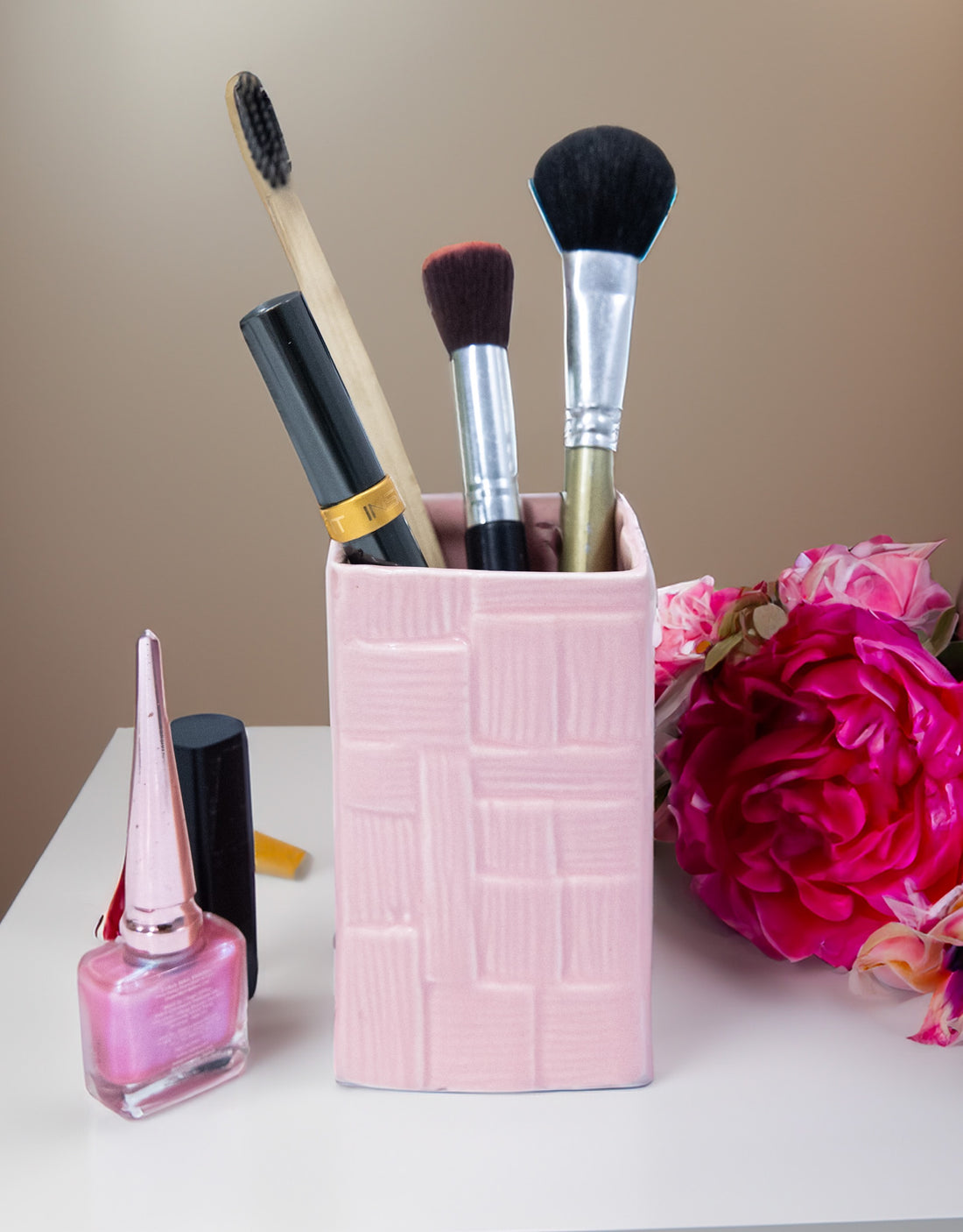 Glossy Pink Ceramic Multipurpose Brush Holder