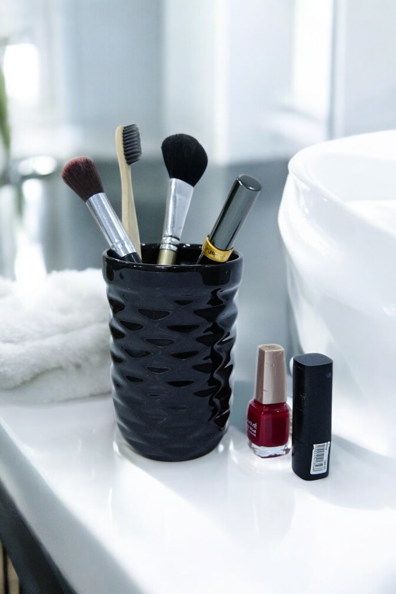 Glossy Black Ceramic Multipurpose Brush Holder