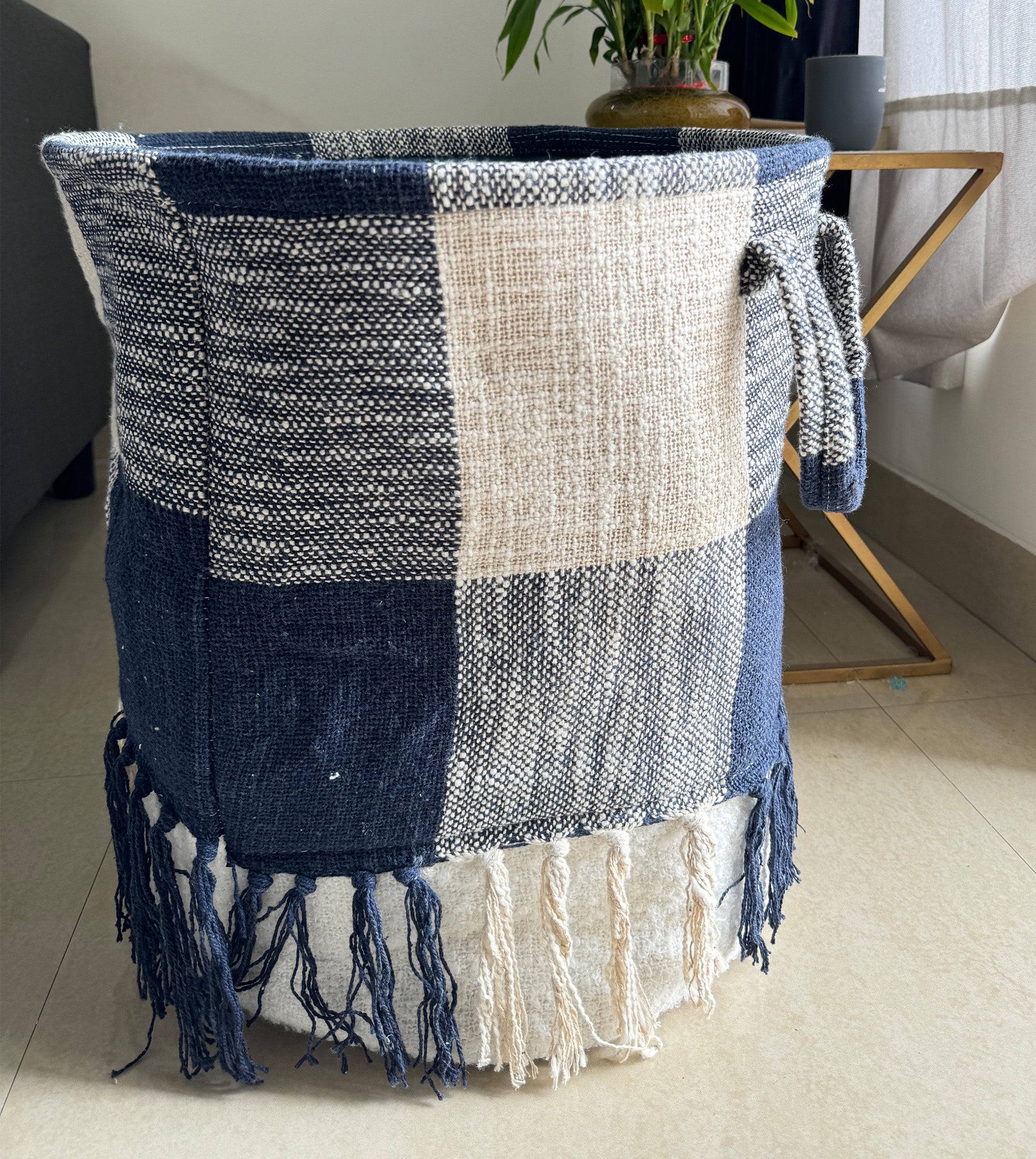 Blue &amp; White Laundry Basket with Easy Carry Handles