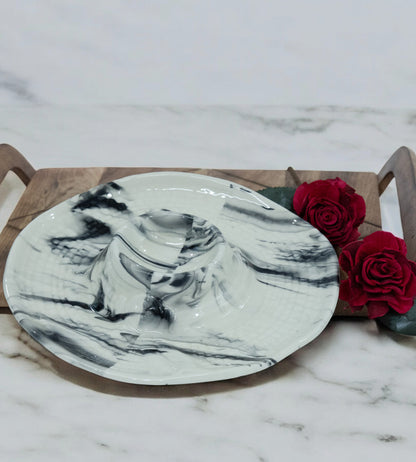 Ceramic White Embossed Marble Print Tray For Snacks