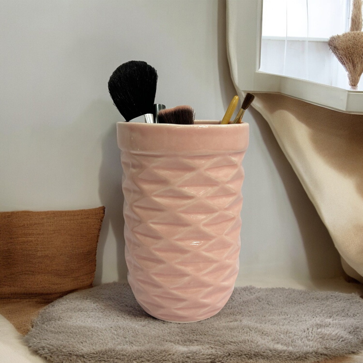 Ceramic Pink Round Shape Multipurpose Toothbrush Holder Stand