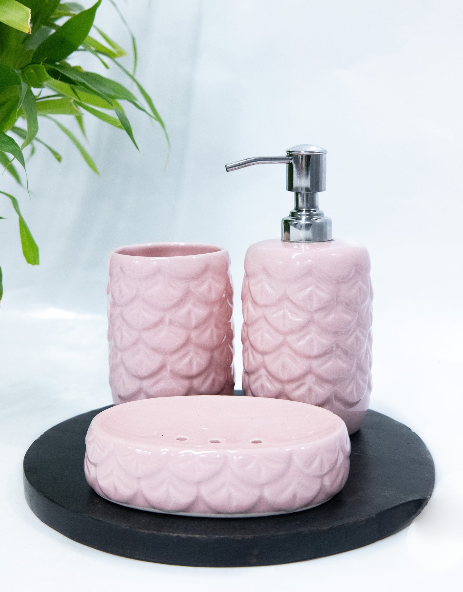 Glossy Pink Ceramic Bath Set of 3