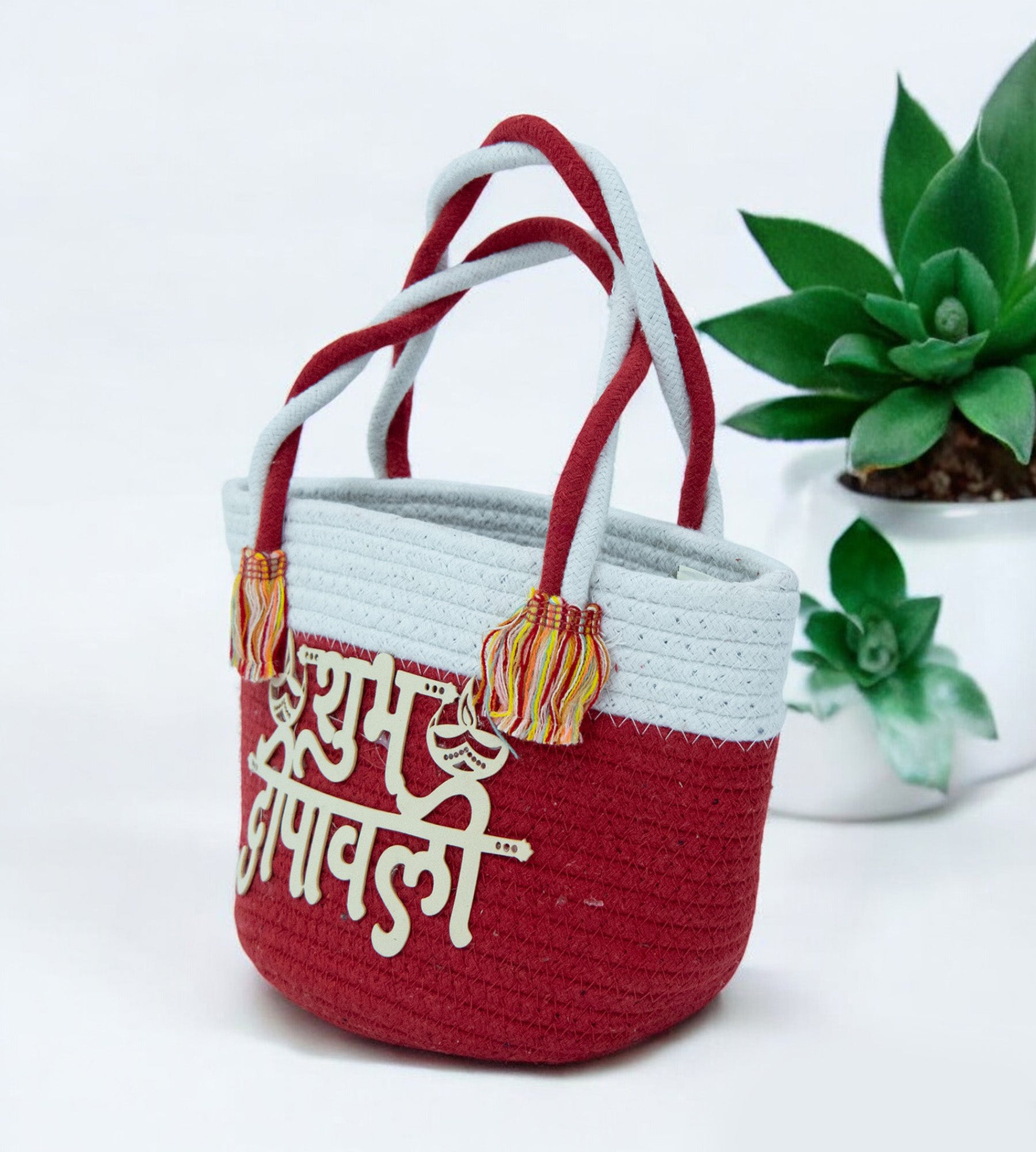 Red Shubh Diwali Cotton Rope Hamper Basket for Gifts