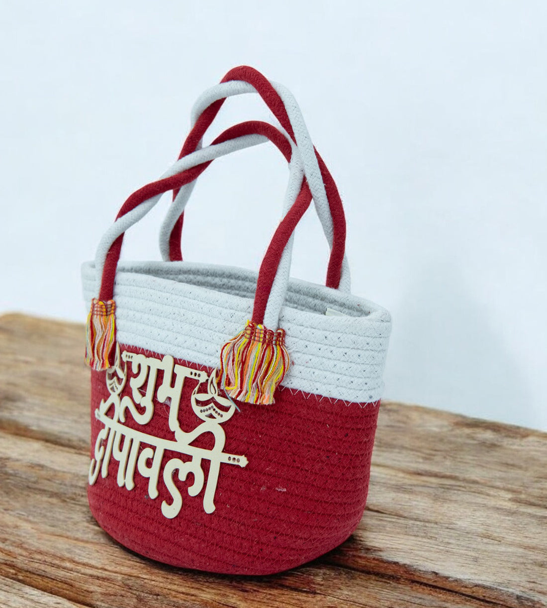 Red Shubh Diwali Cotton Rope Hamper Basket for Gifts