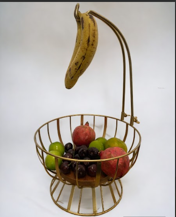 Golden Metal Fruit Basket with wooden base and Banana Tree Hanger