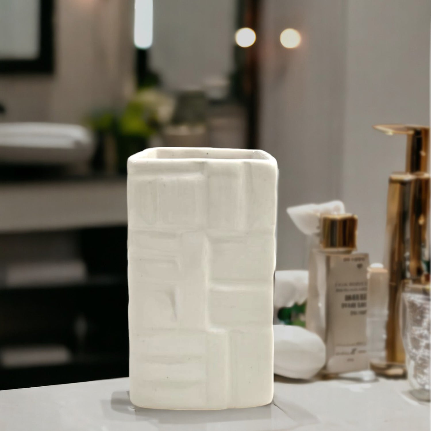 Ceramic White Square Shape Multipurpose Toothbrush Holder Stand