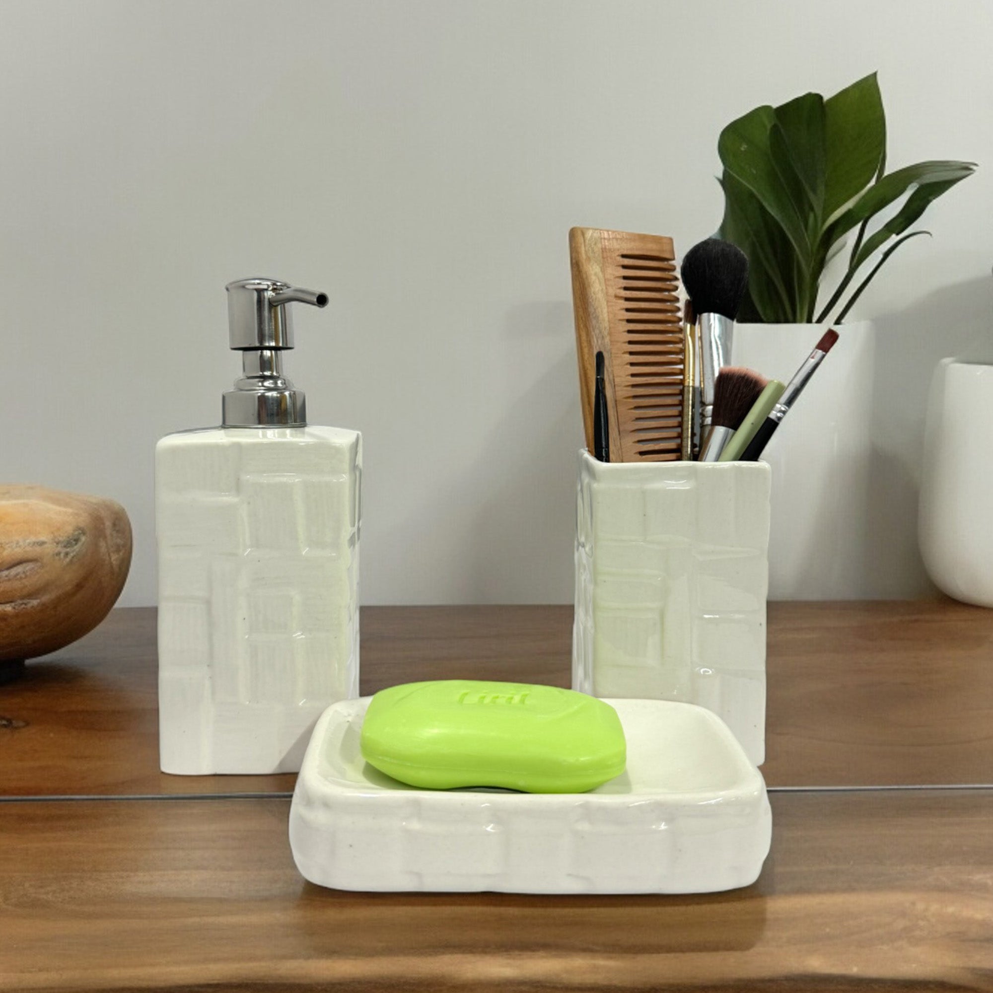 Modern White Ceramic Bath Set with Liquid handwash Soap Dispenser, Toothbrush Holder and Soap Dish Tray - Set of 3