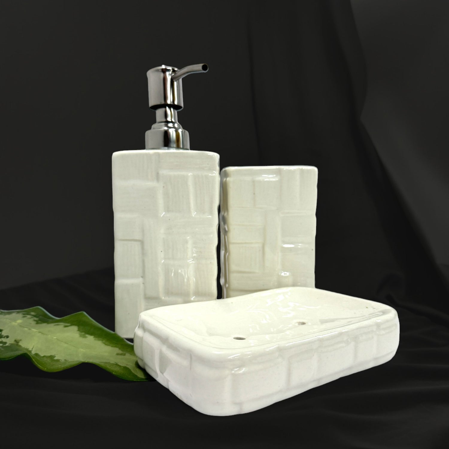 Modern White Ceramic Bath Set with Liquid handwash Soap Dispenser, Toothbrush Holder and Soap Dish Tray - Set of 3