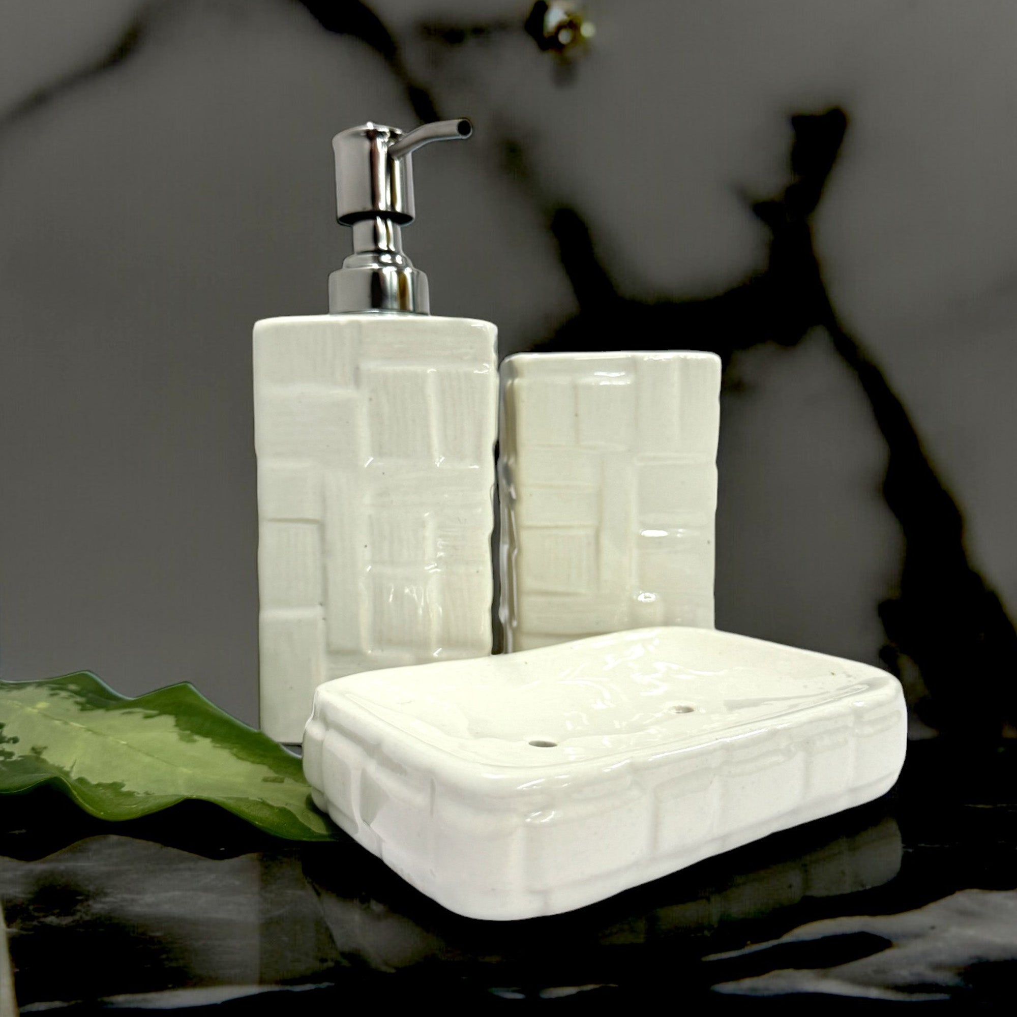 Modern White Ceramic Bath Set with Liquid handwash Soap Dispenser, Toothbrush Holder and Soap Dish Tray - Set of 3