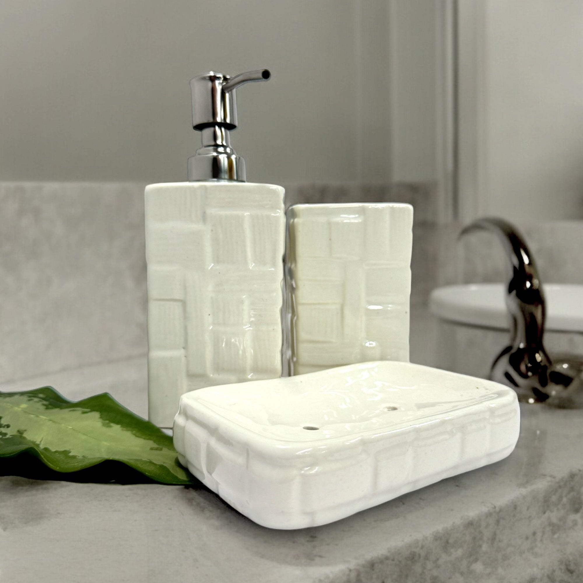 Modern White Ceramic Bath Set with Liquid handwash Soap Dispenser, Toothbrush Holder and Soap Dish Tray - Set of 3