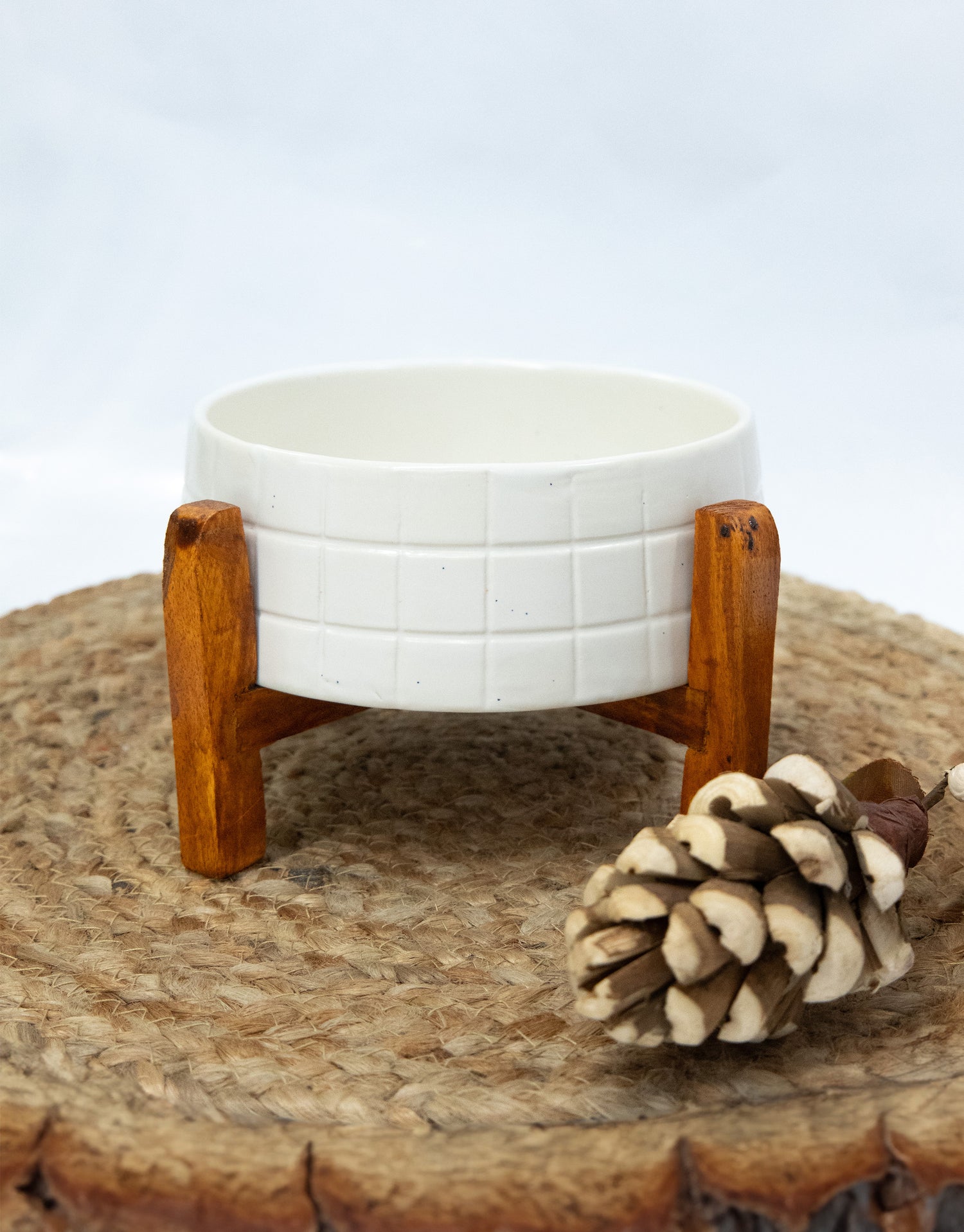 White Ceramic Server with Wooden Stand