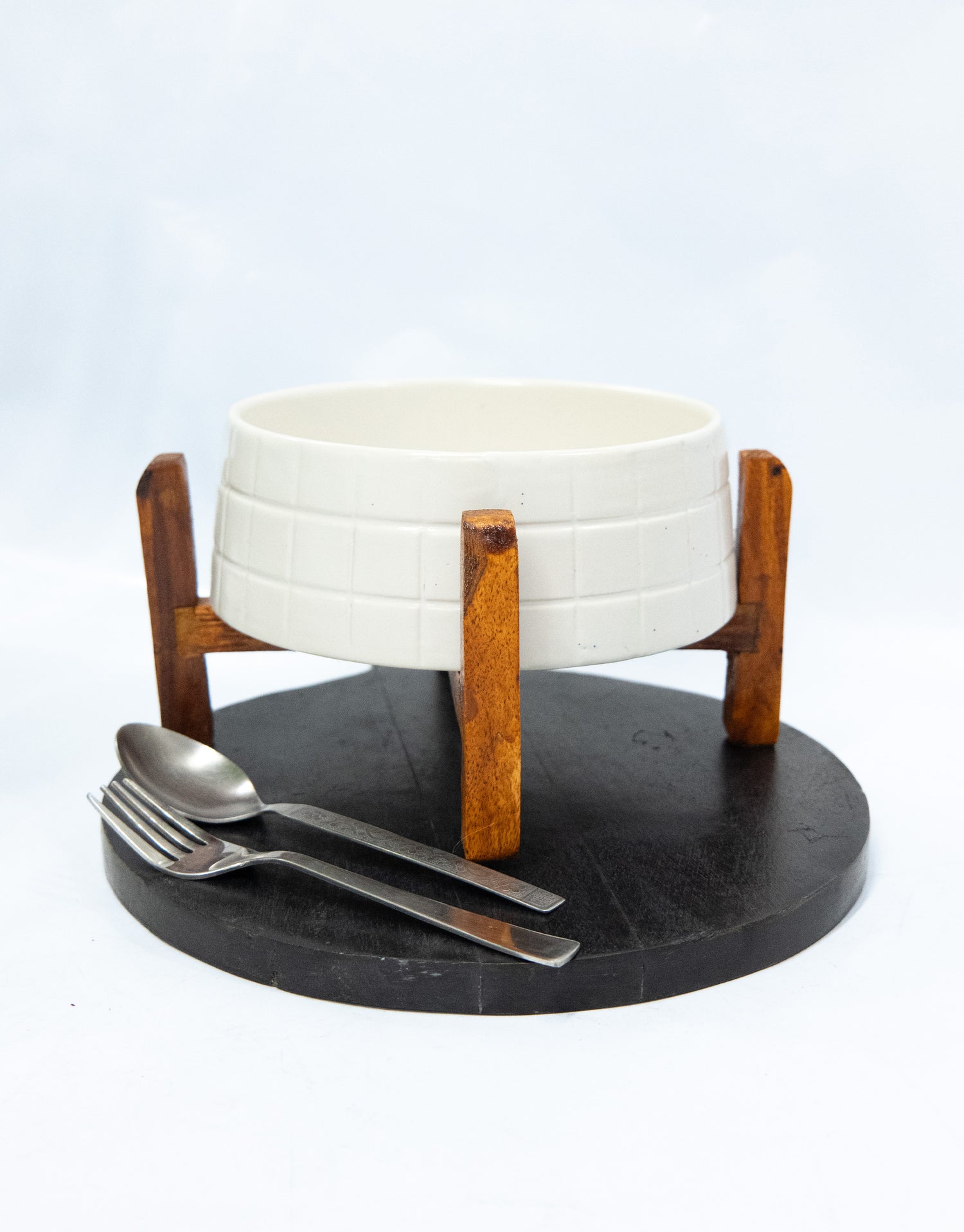 White Ceramic Server with Wooden Stand