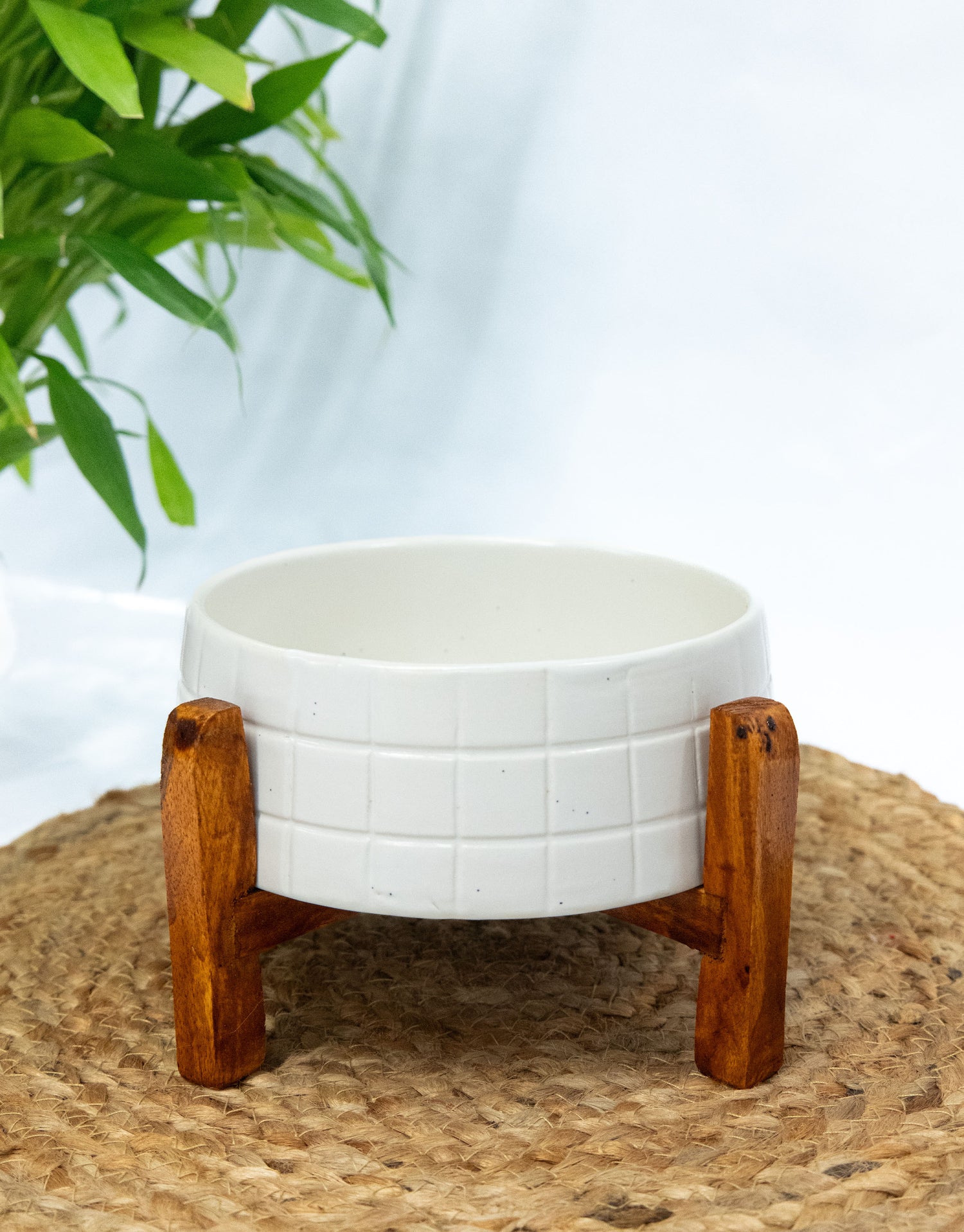 White Ceramic Server with Wooden Stand