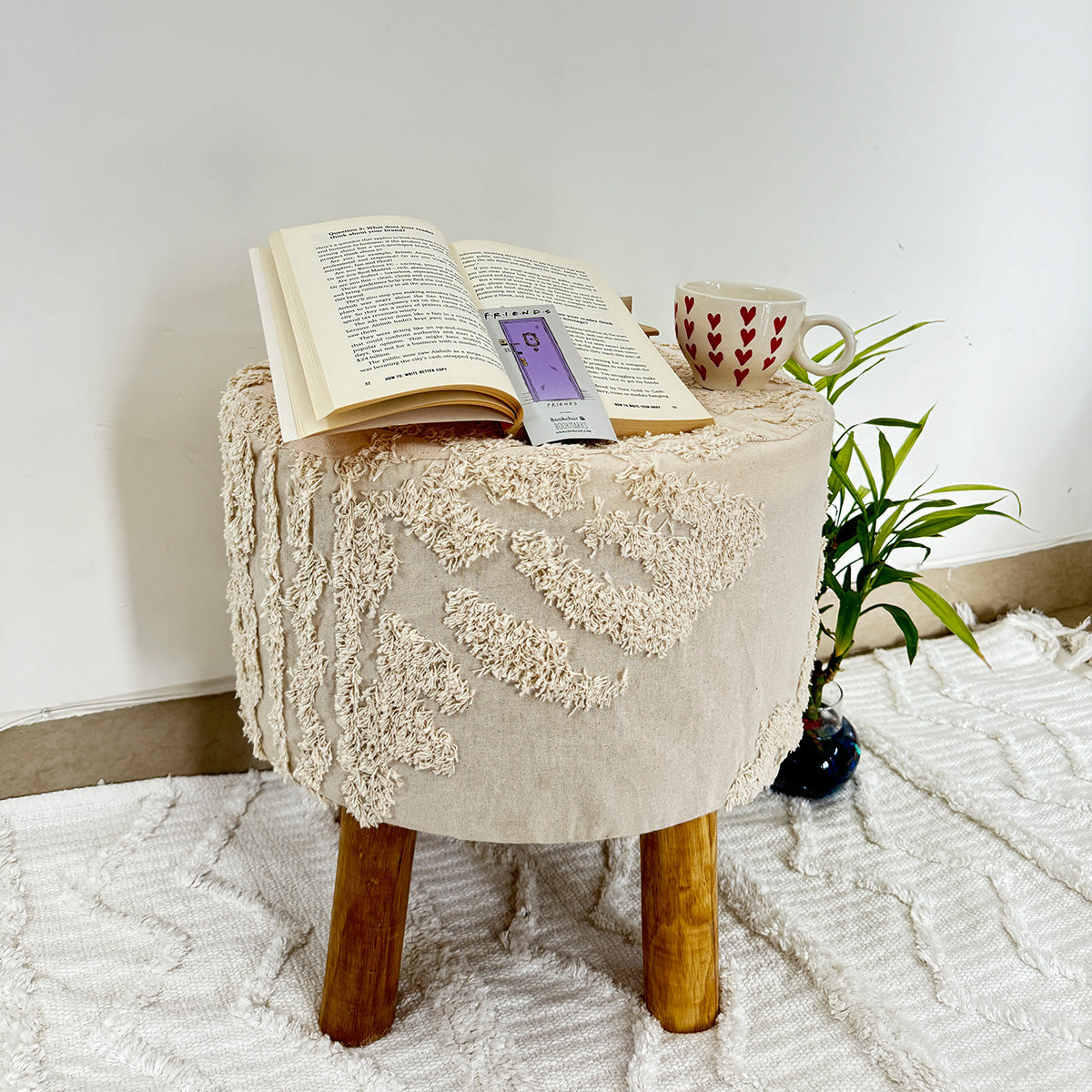 NaturCraft Macrame Bliss Wooden Beige Stool