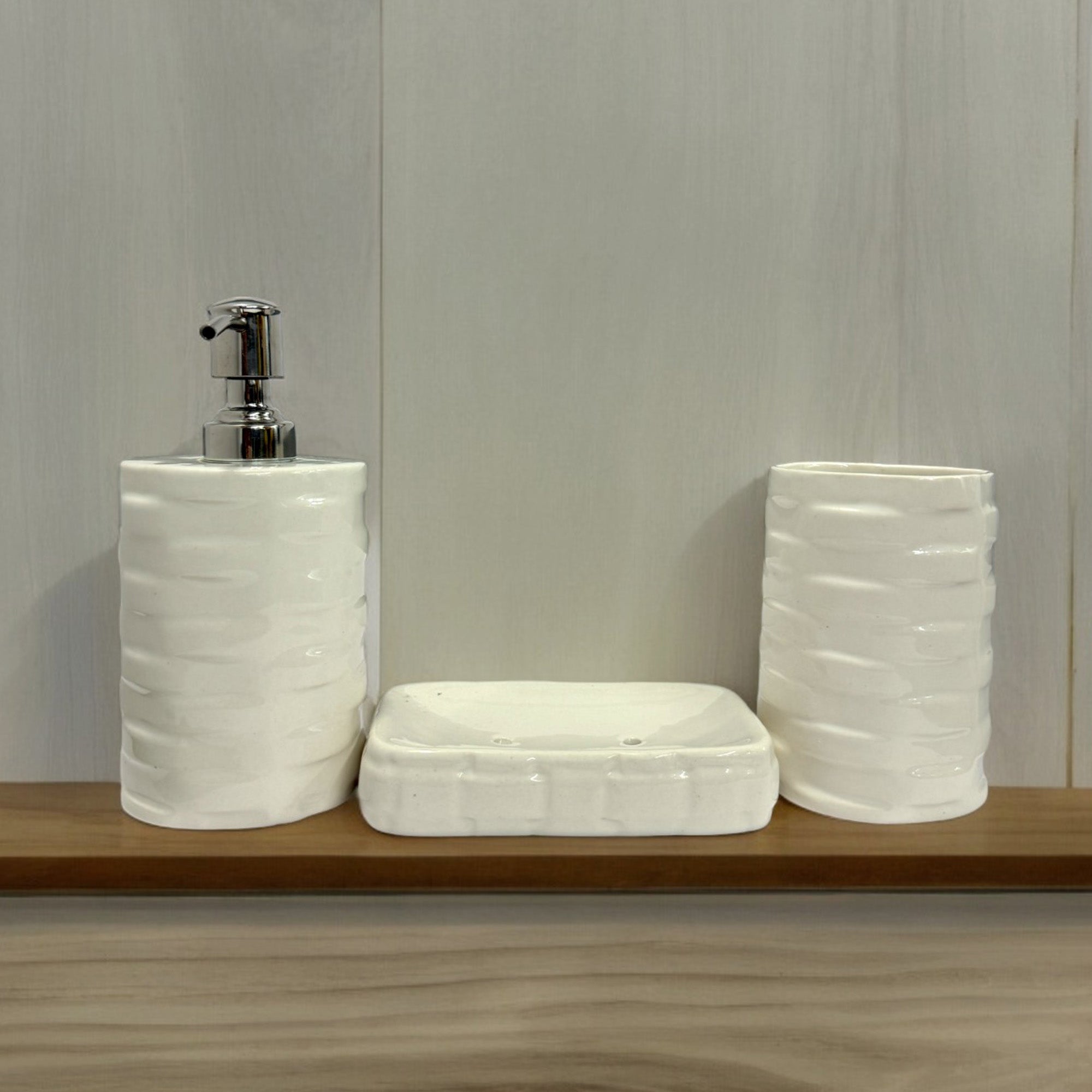 Modern Round White Ceramic Bath Set with Liquid handwash Soap Dispenser, Toothbrush Holder and Soap Dish Tray - Set of 3