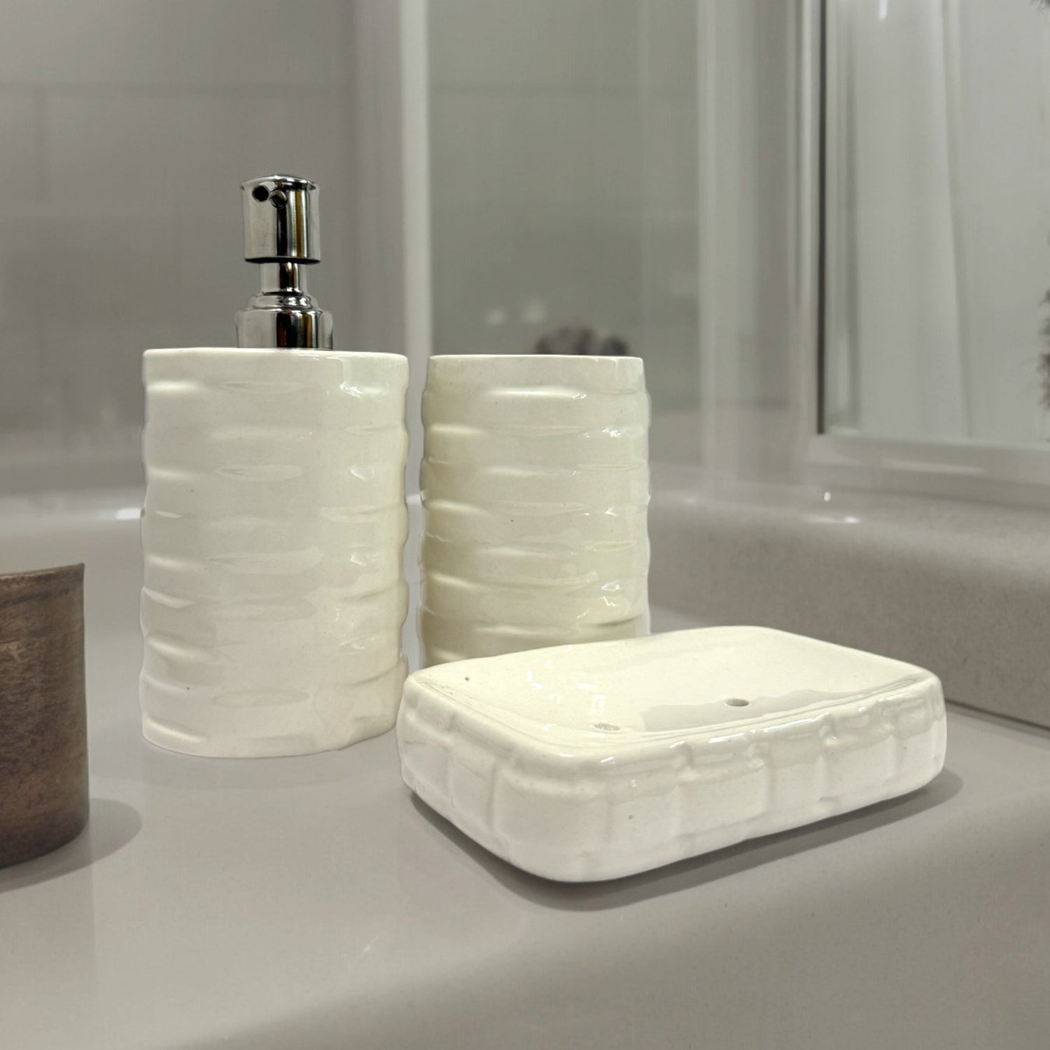 Modern Round White Ceramic Bath Set with Liquid handwash Soap Dispenser, Toothbrush Holder and Soap Dish Tray - Set of 3