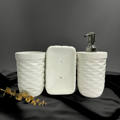 Modern Round White Ceramic Bath Set with Liquid handwash Soap Dispenser, Toothbrush Holder and Soap Dish Tray - Set of 3