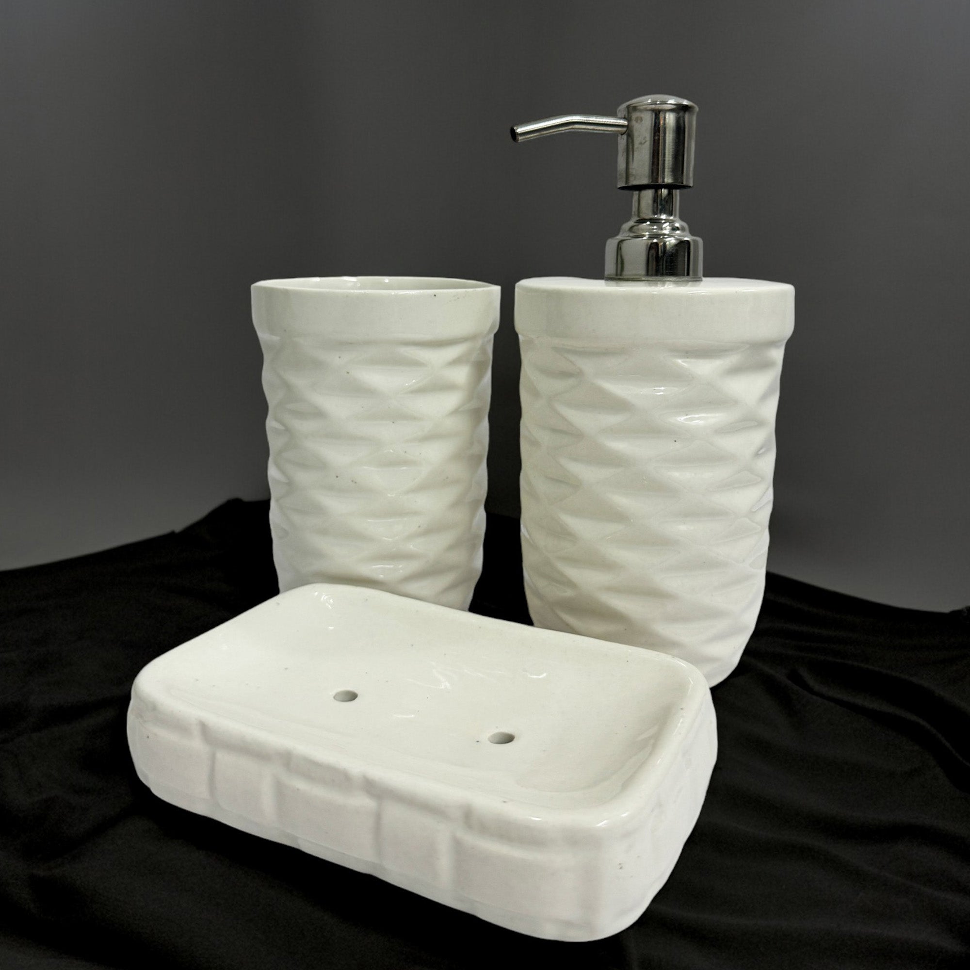 Modern Round White Ceramic Bath Set with Liquid handwash Soap Dispenser, Toothbrush Holder and Soap Dish Tray - Set of 3