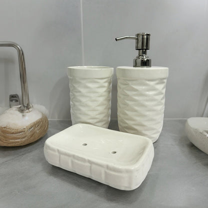 Modern Round White Ceramic Bath Set with Liquid handwash Soap Dispenser, Toothbrush Holder and Soap Dish Tray - Set of 3