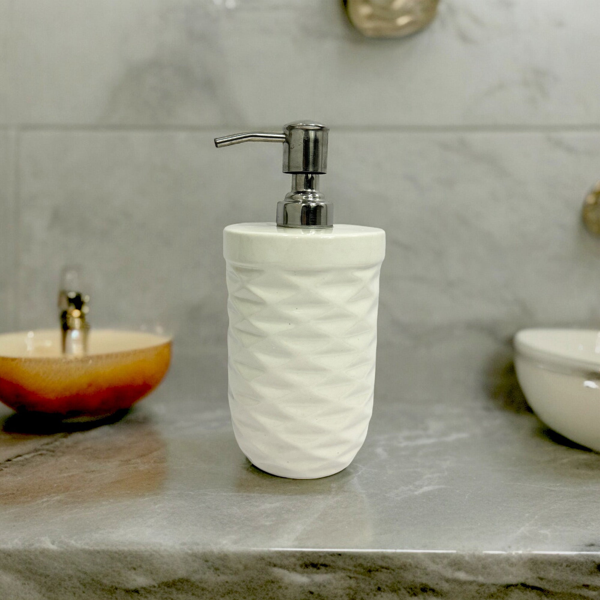 Refillable Ceramic Round Shape White Hand Soap Dispenser with Pump