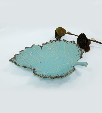 Ceramic Big Blue Leaf Shape Multipurpose Tray - Pack of 1