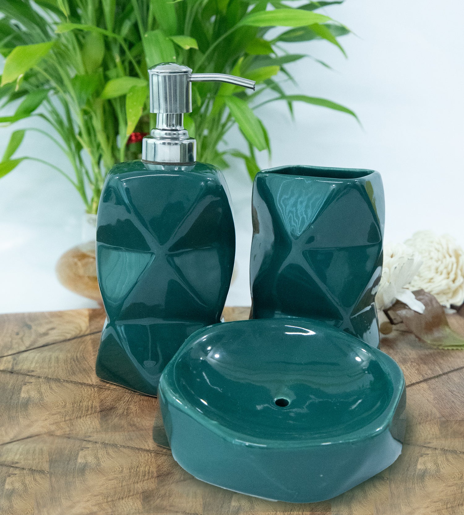 Ceramic Green Bath Set with Liquid handwash Soap Dispenser, Toothbrush Holder and Soap Dish Tray - Set of 3