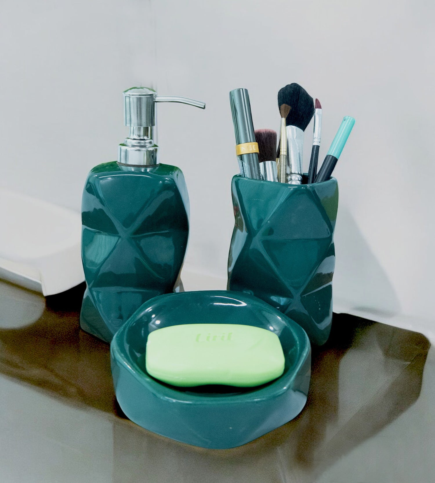 Ceramic Green Bath Set with Liquid handwash Soap Dispenser, Toothbrush Holder and Soap Dish Tray - Set of 3