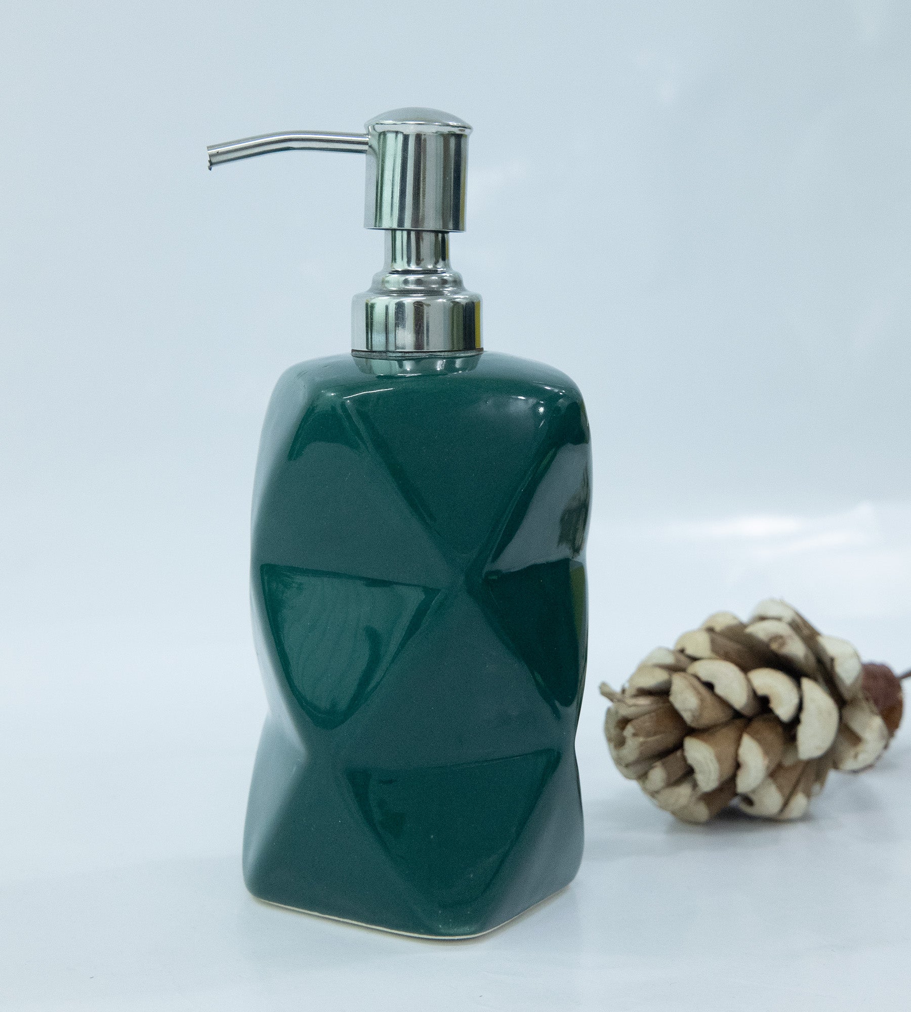 Ceramic Green Bath Set with Liquid handwash Soap Dispenser, Toothbrush Holder and Soap Dish Tray - Set of 3