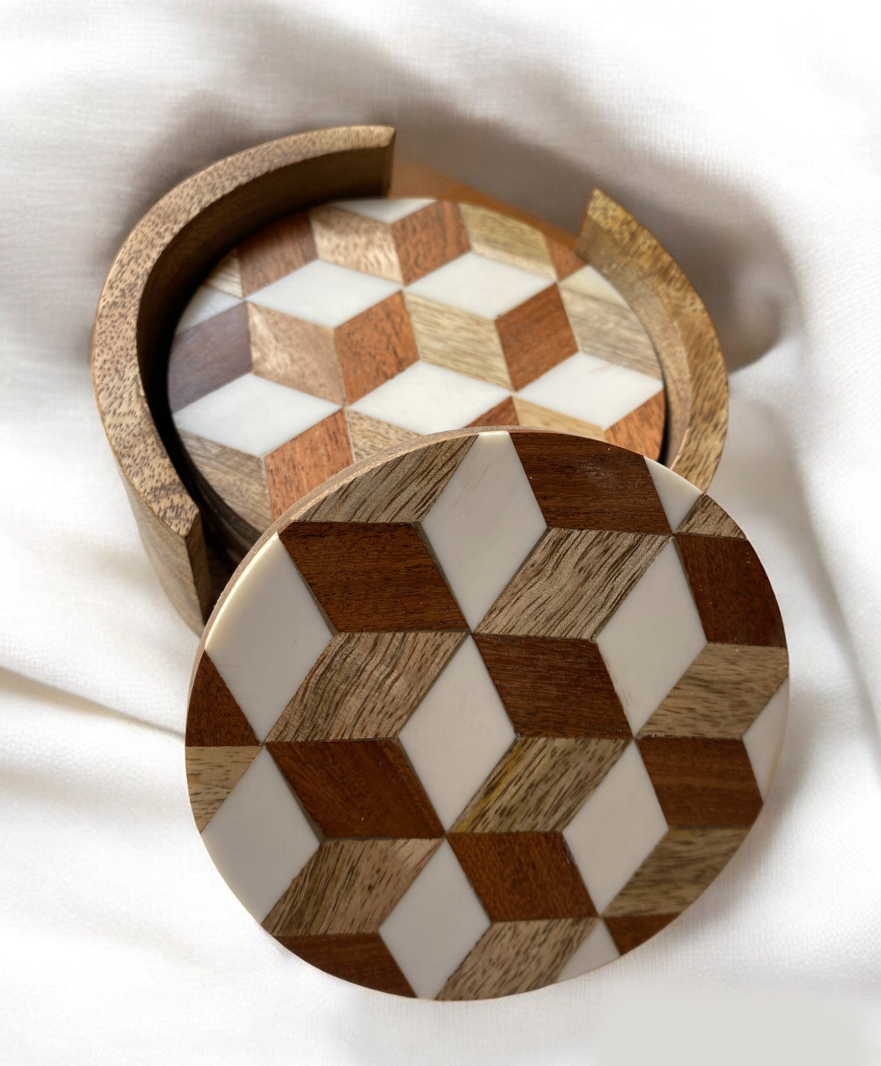 Elegant Marble Inlay Tea Coasters with Wooden Coaster Holder- Set of 4