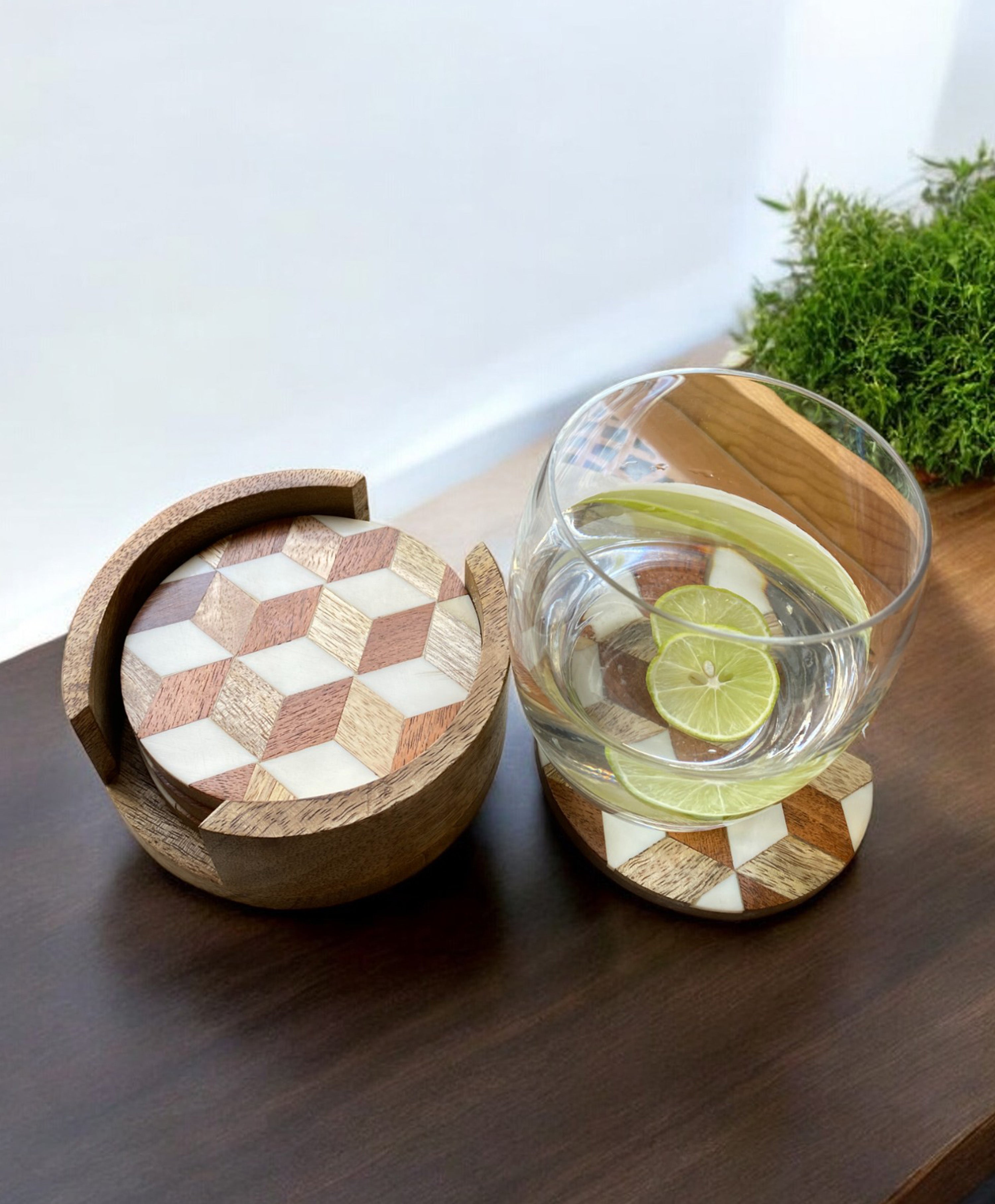 Elegant Marble Inlay Tea Coasters with Wooden Coaster Holder- Set of 4